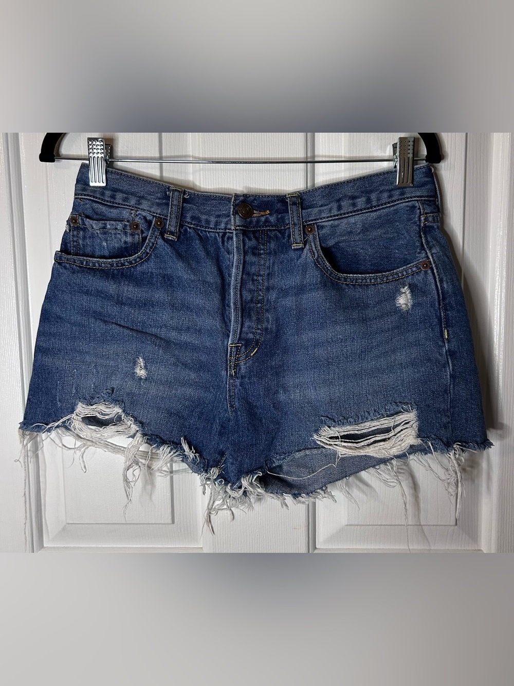 WE THE FREE by Free People Distressed Button-Fly Denim Shorts- Size 28
